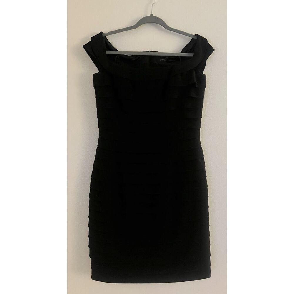 Carmen Marc Valvo Wide Shoulder Black Ruffle Silk Mini Dress Size 10